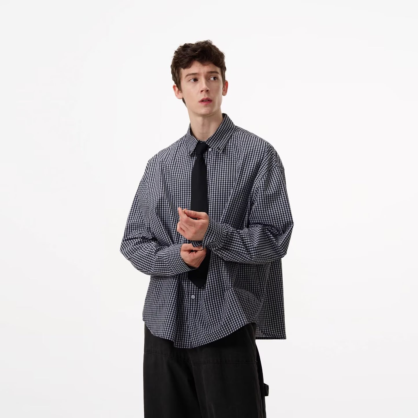 Mens Long-sleeve Shirt With A Small Check Pattern For Spring And Fall