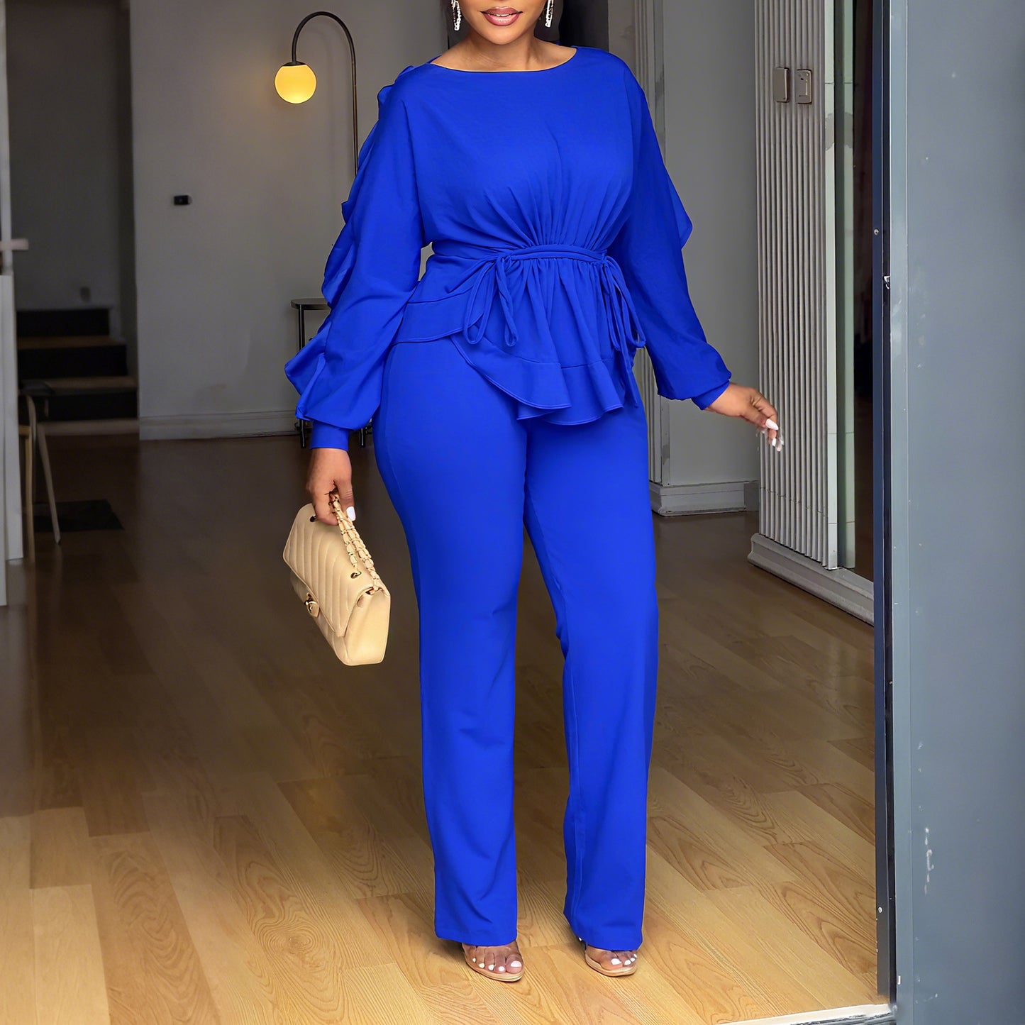 Ruffled Drawstring Long Sleeve Waist-controlled Top Pants