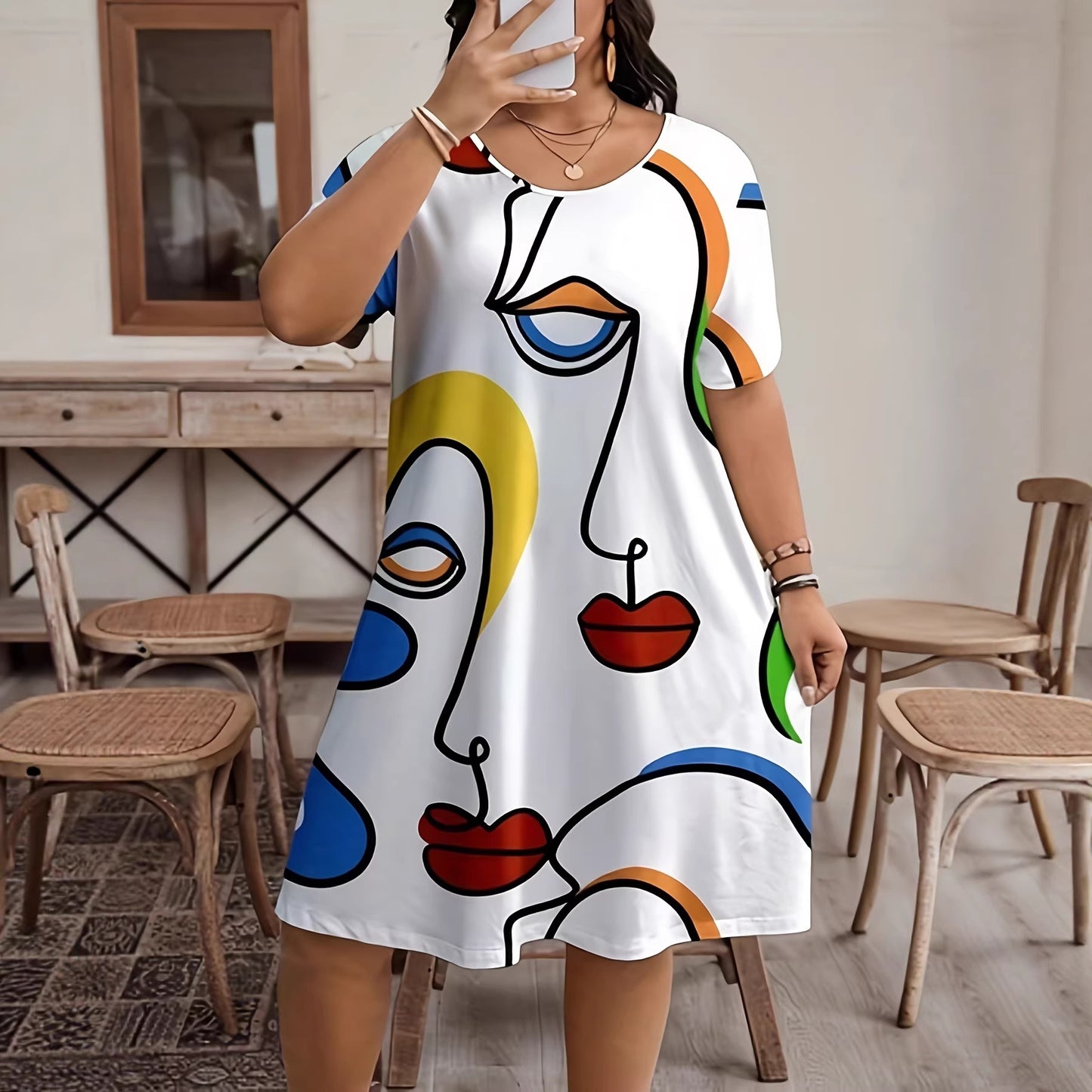SpringSummer Fashion Womens Plus-Size Casual Simple All-Over Print Dress