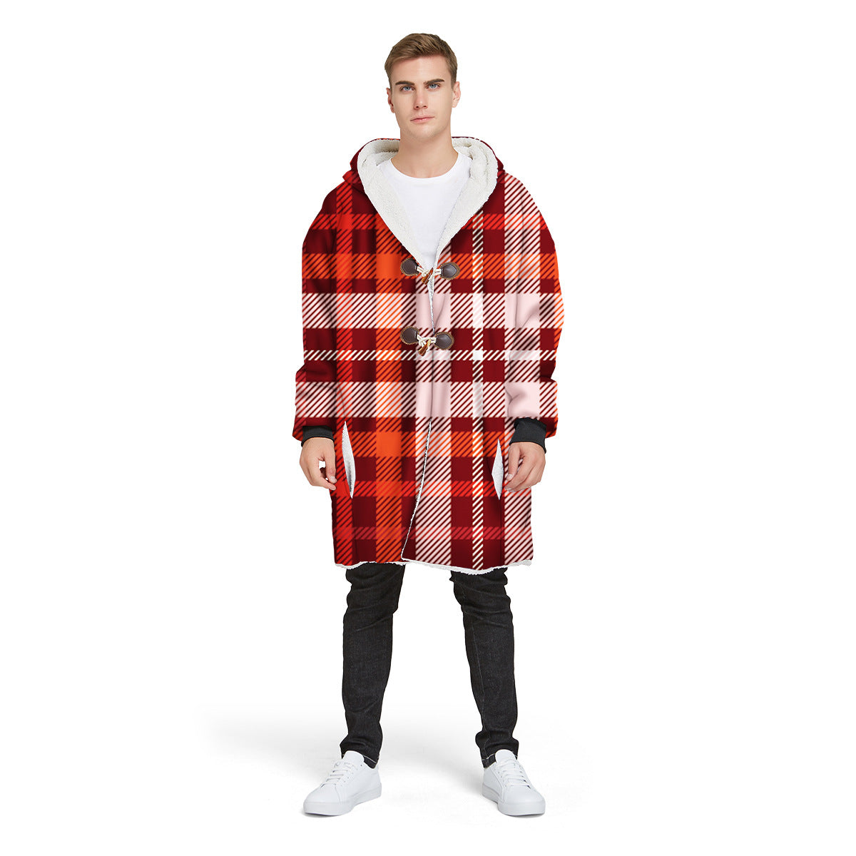 Fashion Plaid Men's Digital Printed Long Hooded Jacket