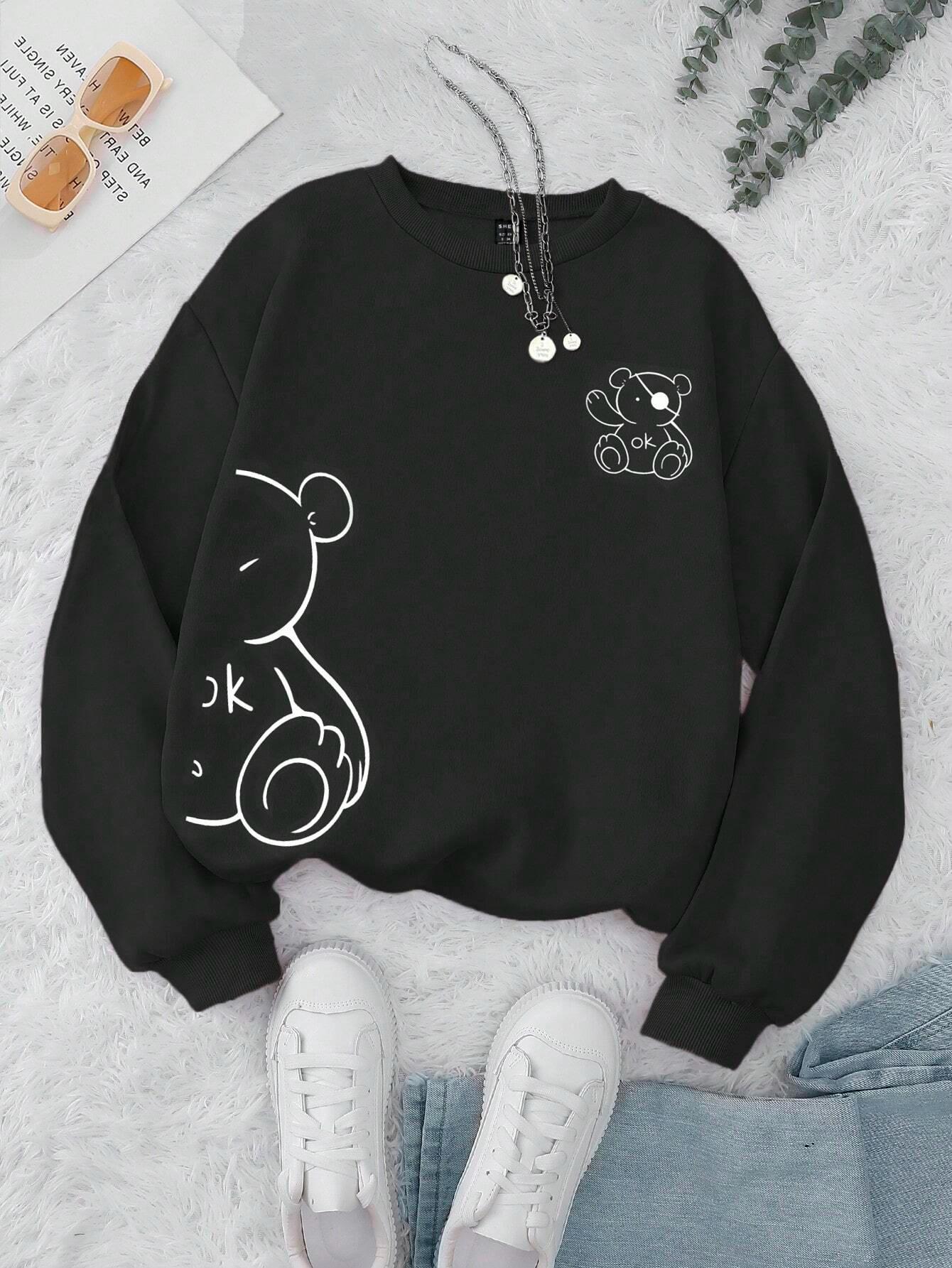 Kawaii OK Teddybjørn Tryk Sweatshirts Til Kvinder Klassisk