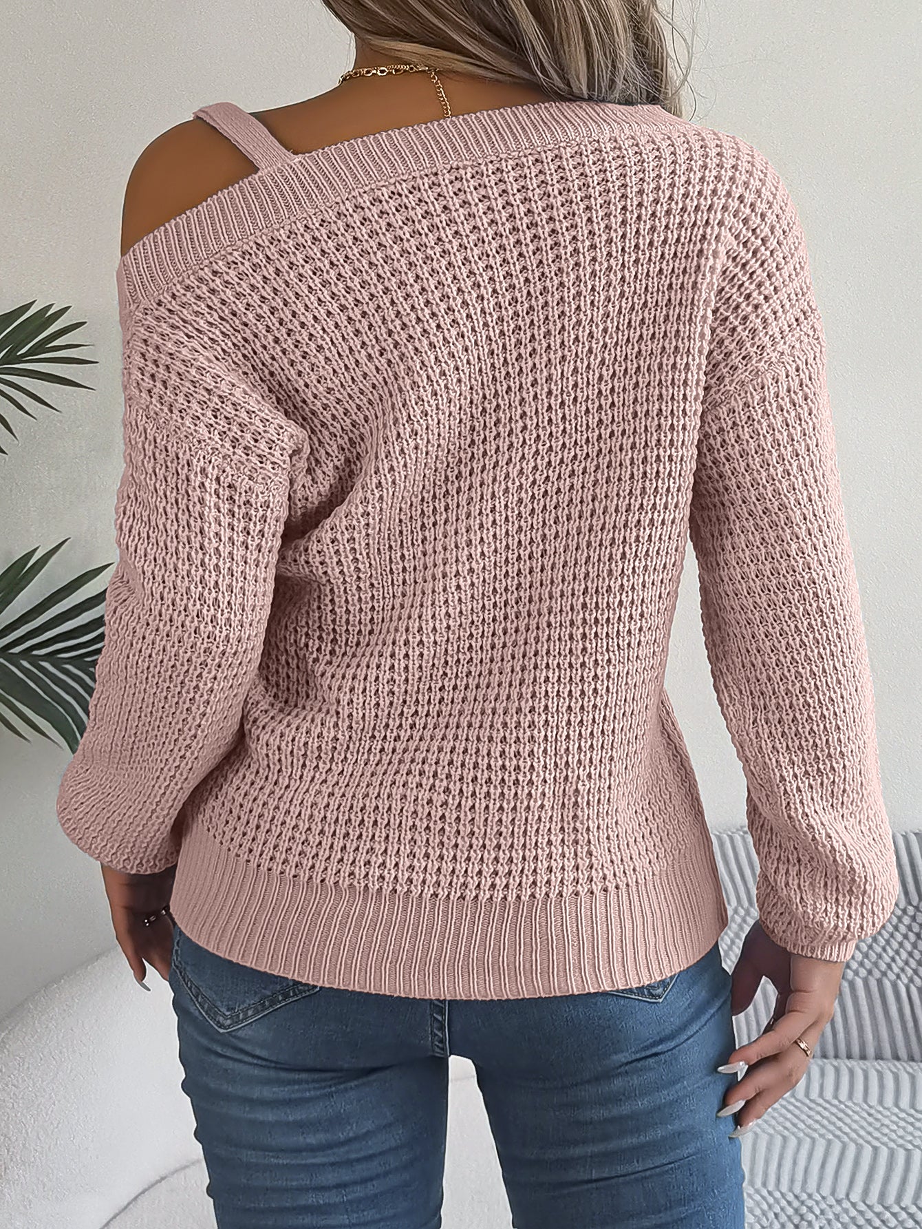 Casual Metal Button Color Block Off-Shoulder Lantern Sleeve Pullover Sweater