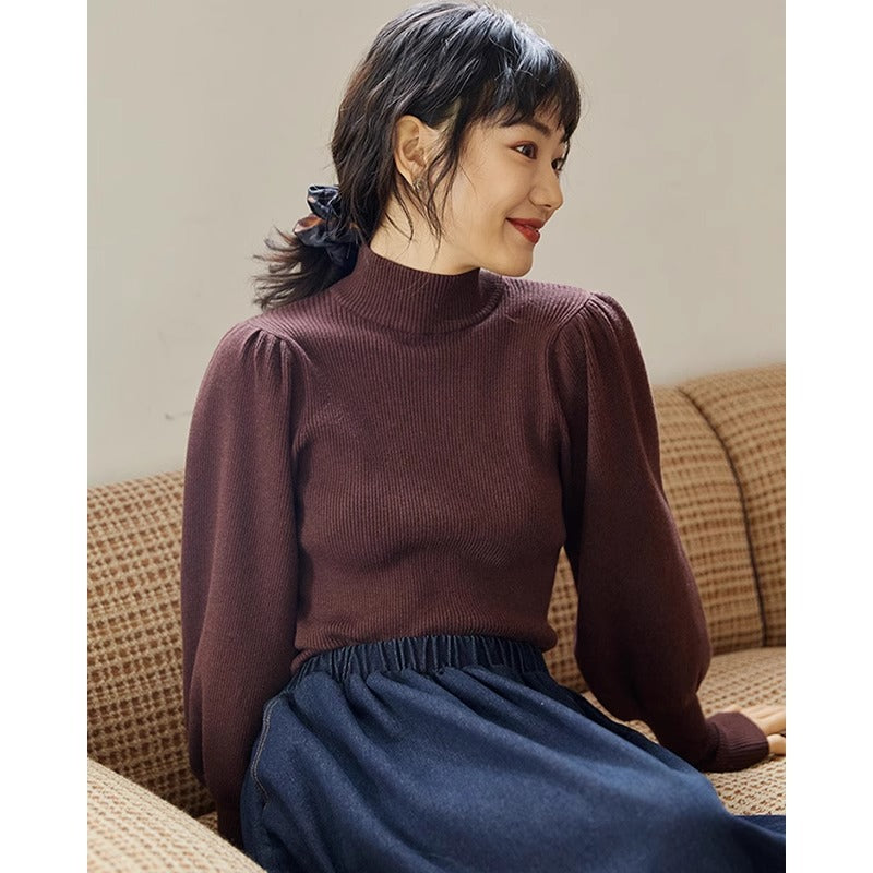 Womens French-style Puff-sleeve Mock-neck Base Layer Top