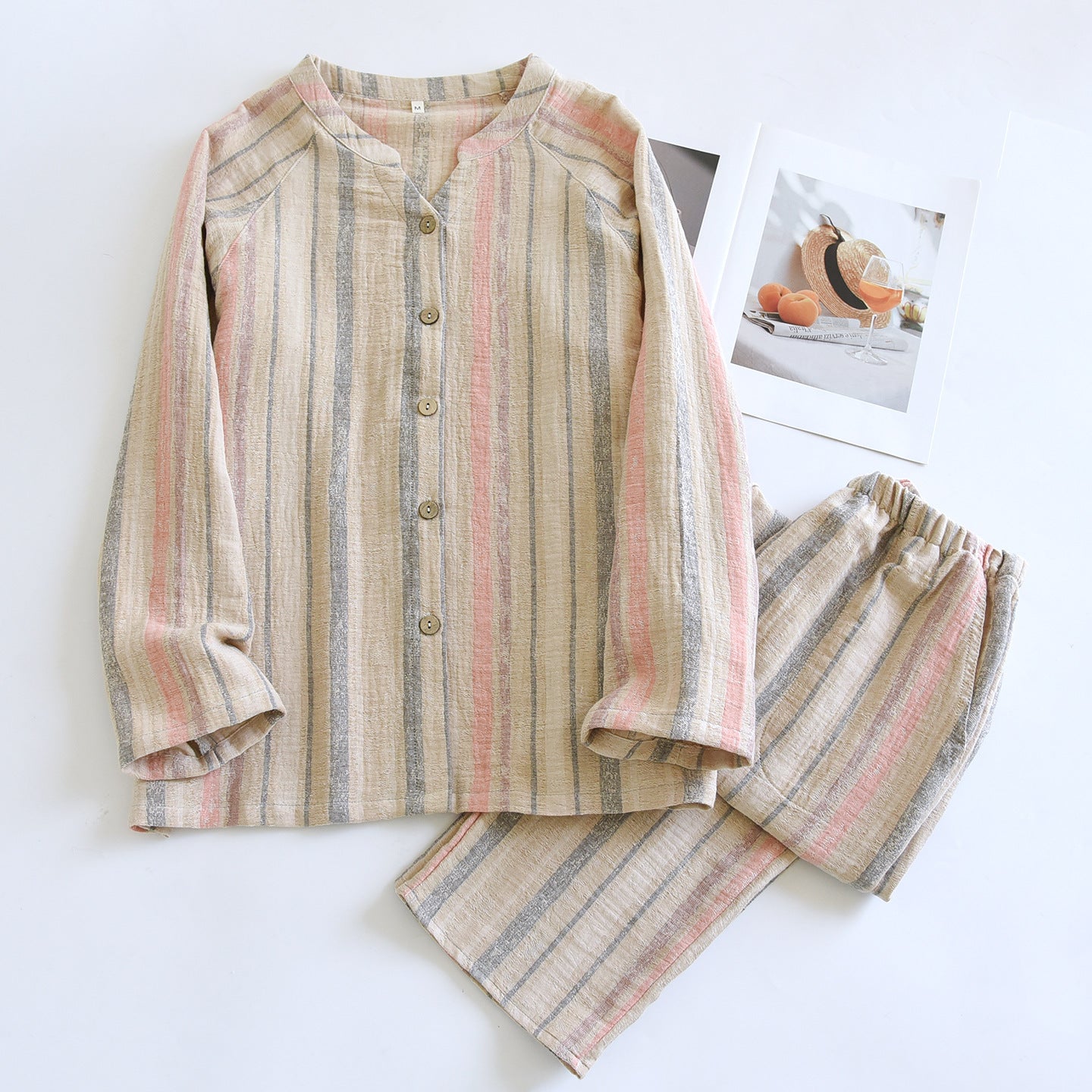 Women's V-neck Cotton Double-layer Crepe Pajamas Suit