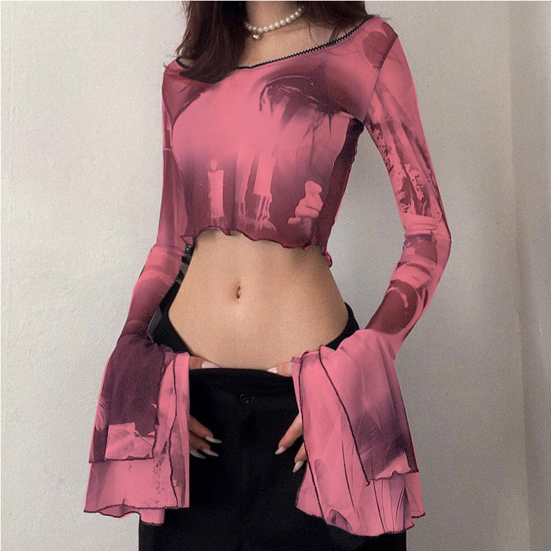 European And American Red Long-sleeved Round Neck Cropped T-shirt
