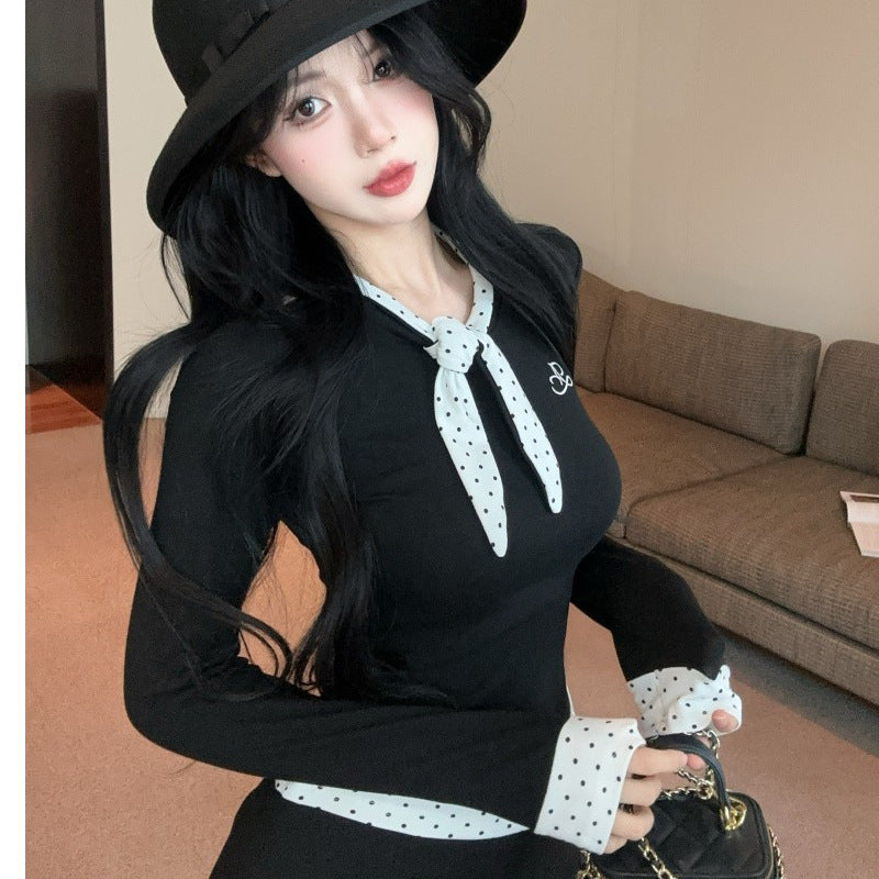 Womens Casual Chanel-Style Fake Two-Piece Polka-Dot Long-Sleeve Top