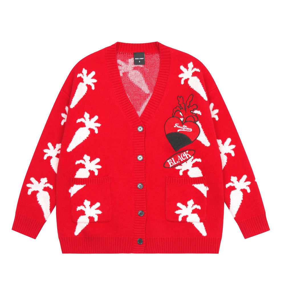 Covered With Radish Rabbit Jacquard Knitted Cardigan Boys Loose V-neck Button Sweater Coat