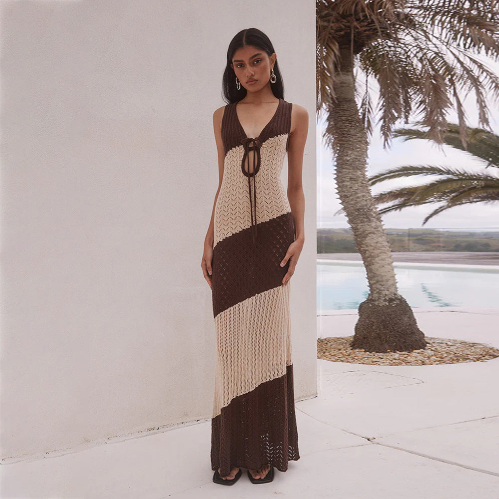 Sexy Striped Knitted Hollow-Out Beach Cover-Up Bikini Swimsuit Beach Dress
