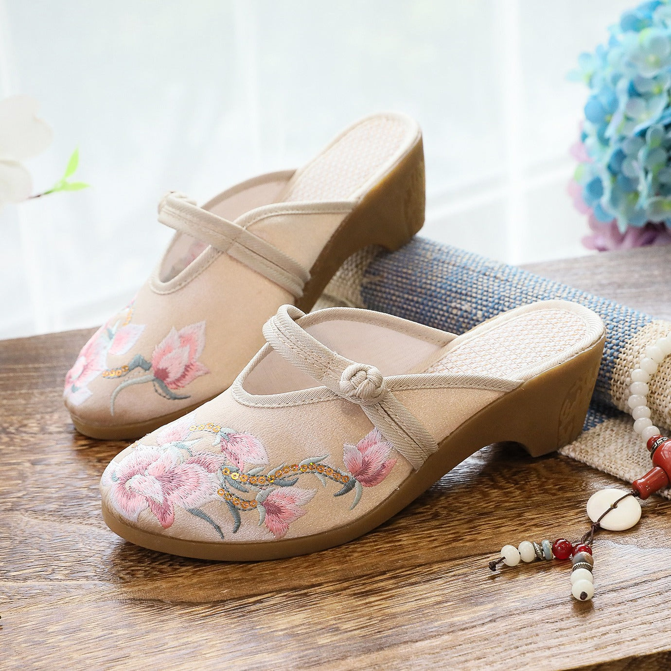 High Heel Wedge Embroidered Cloth Slippers For Women