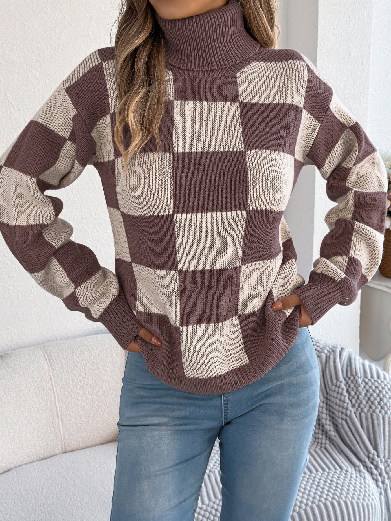 Dame Højhalset Farveblokket Ternede Sweater med Lanterneærmer