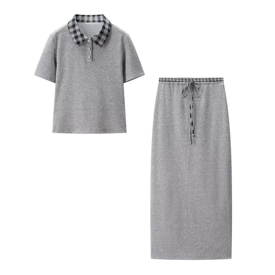 Color-blocked Lapel Short-sleeve Top With Waist-tie Skirt