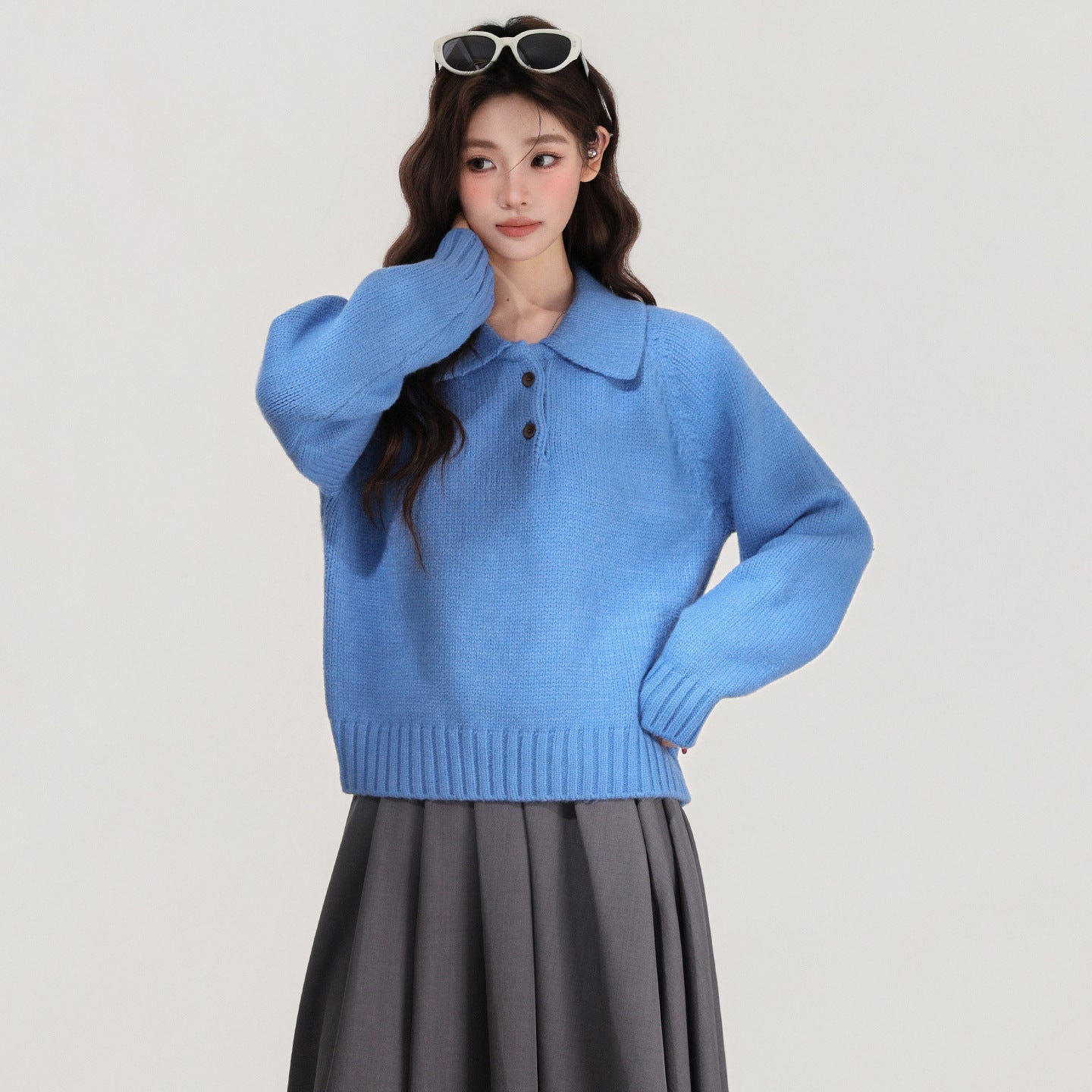 Blue Lapel Knitted Sweater Women's Top
