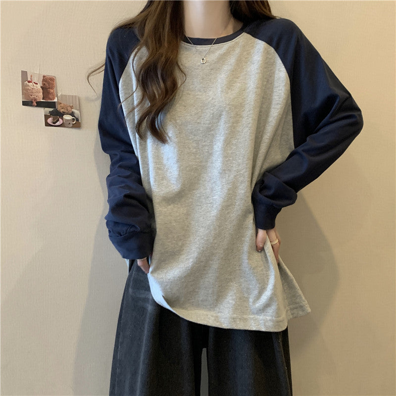 Loose Long Sleeve Women's Color-blocked Raglan Round Neck