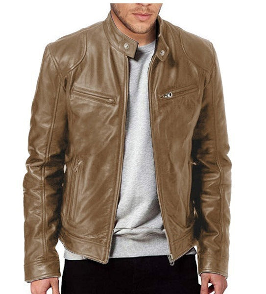 Mens Leather With A Stand-up Collar Punk-style Jacket