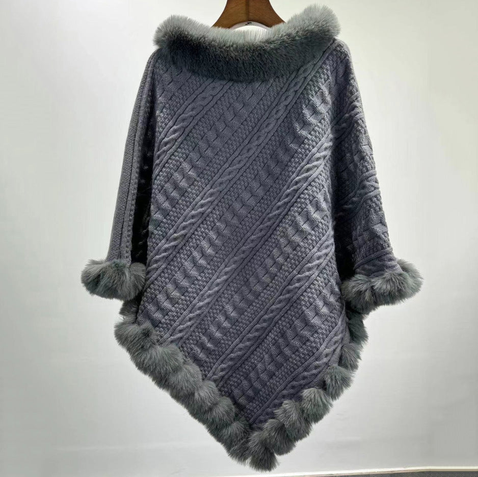 Fur Collar Oversized Knit Pullover Shawl Cloak