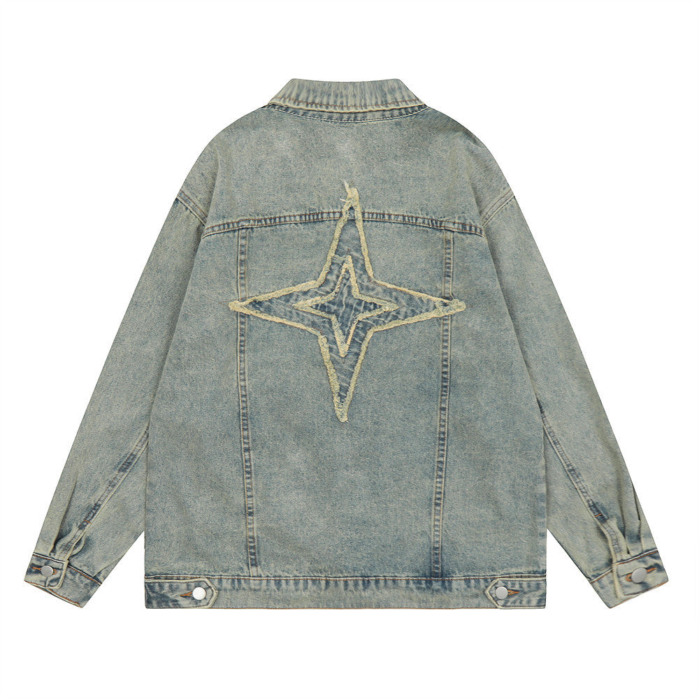 Men's Loose Hoodie Washed And Worn Lapel Denim Jacket Coat American Fashion