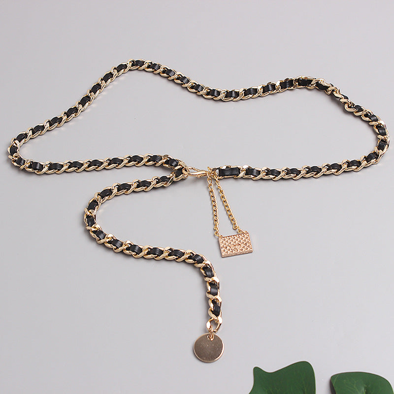 Metal Leather Braided Chain Mini Pendant Waist