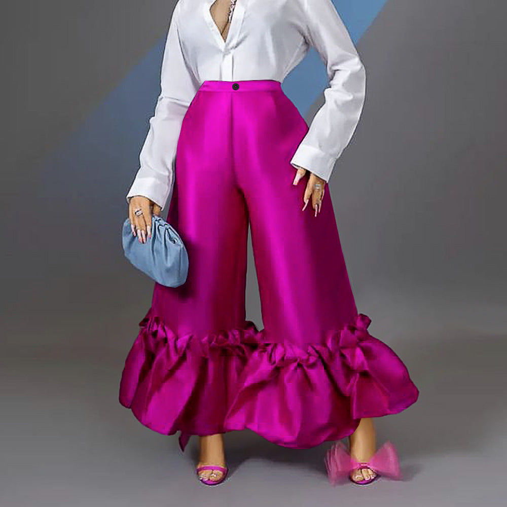 Women's High Waist Loose Ruffled Casual Wide Leg Pants