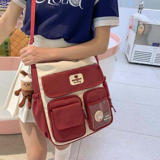 Retro Color Blocking Large Capacity Shoulder Bag For Soft Girls