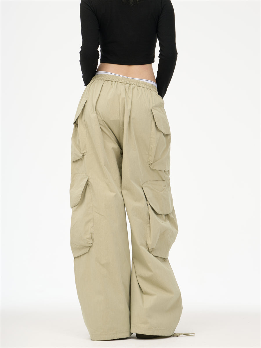 American Multi-pocket Wide-leg Overalls