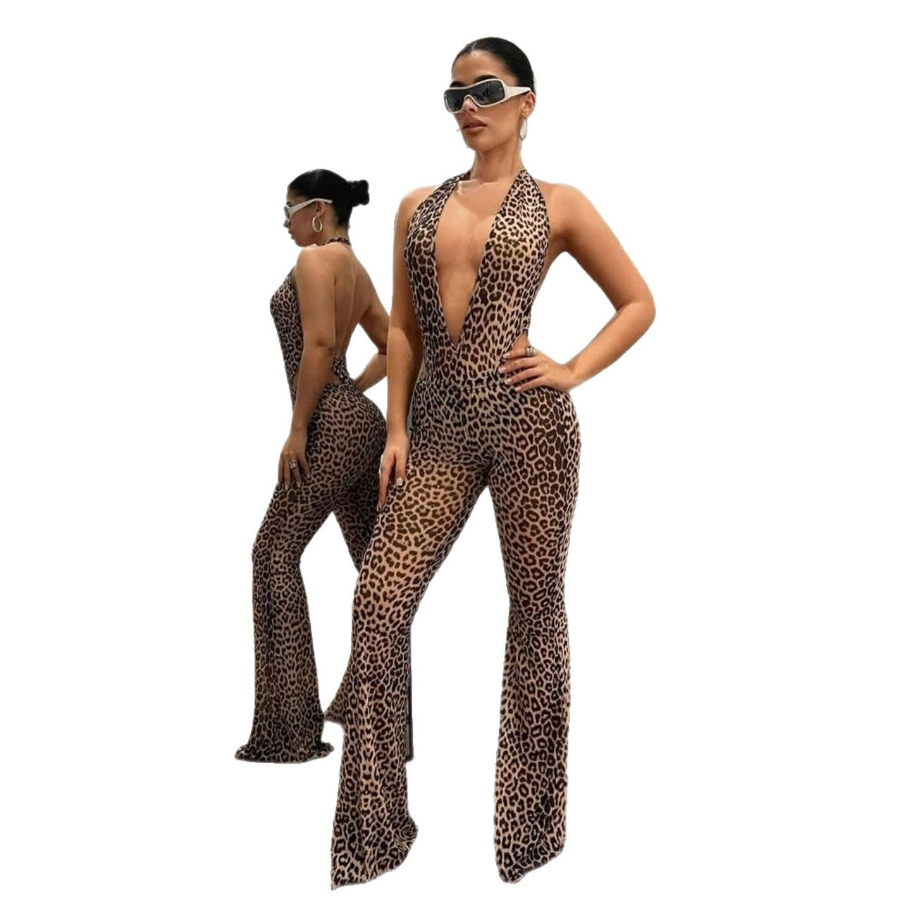 INS Leopardprint Kropsnær Sexet Rygløs Halterneck Dybt-V Top Med Flared Jumpsuit Bukser