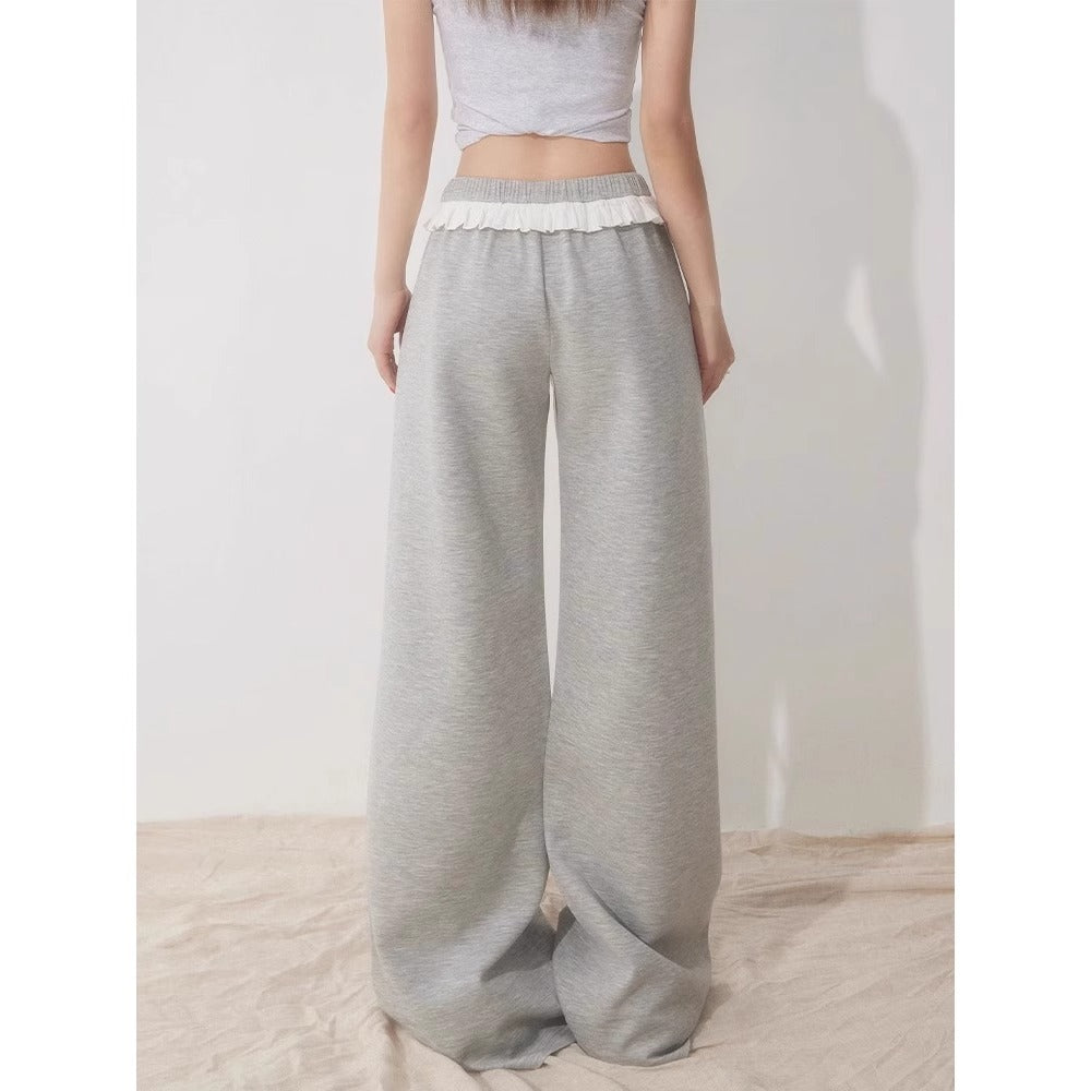 Womens High-waisted Straight-leg Pants With Lace Trim And Patchwork
