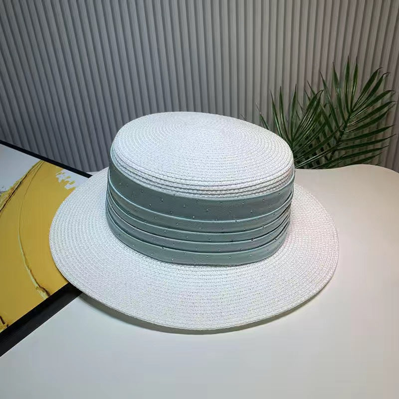 Spring And Summer Short Brim Satin Rhinestone Straw Flat Top Hat Women