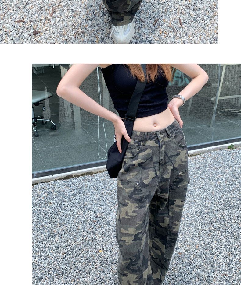 Camouflage-arbejdsjeans til kvinder, lige løs retro hiphop-stil højtaljede ekstra lange bukser med brede ben