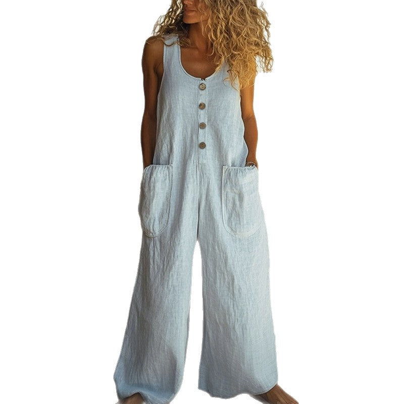 Solid Color Loose Casual Cotton And Linen Jumpsuit