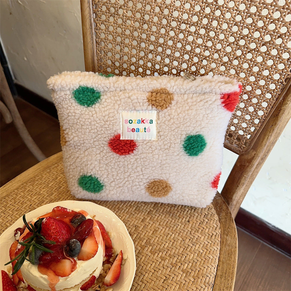 Winter Plush Color Polka Dot Large Capacity Travel Skincare Cosmetic Storage Bag