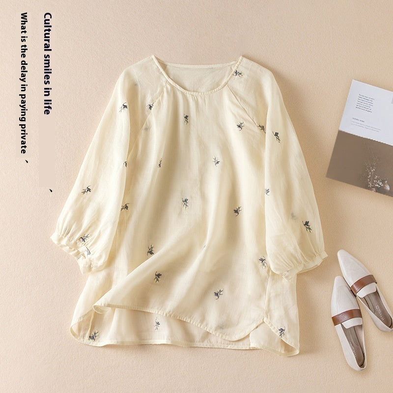 Cotton And Linen Thin Embroidery Loose Shirt