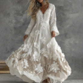 Retro Bohemian Rose Embroidered Linen Loose-Fit Long Dress