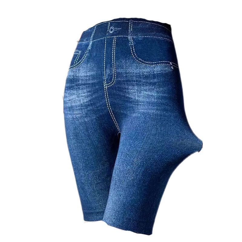New Summer High-waisted Highly Elastic Capri Faux Denim Safety Shorts