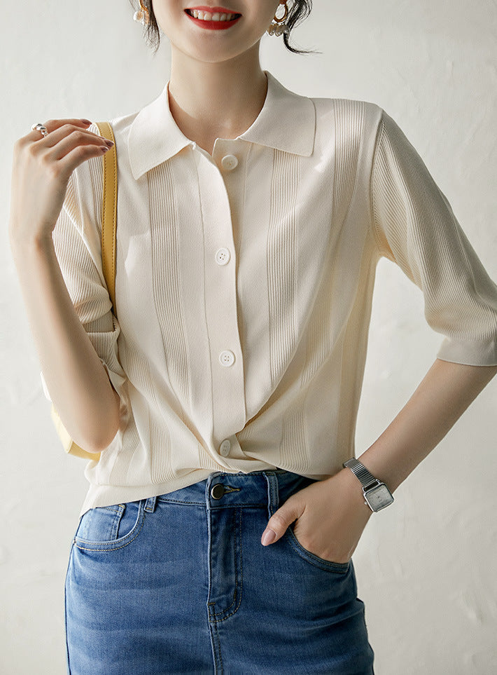 Lapel Mid Sleeve Commuter Knit Cardigan Air Conditioning Shirt