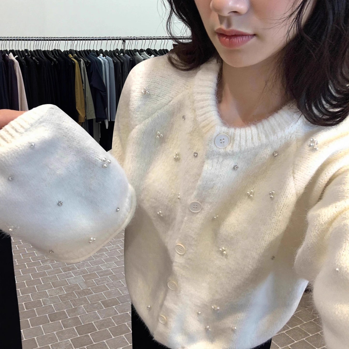 Women's Three-dimensional Pearl Sweater Cardigan Loose Knitted Coat