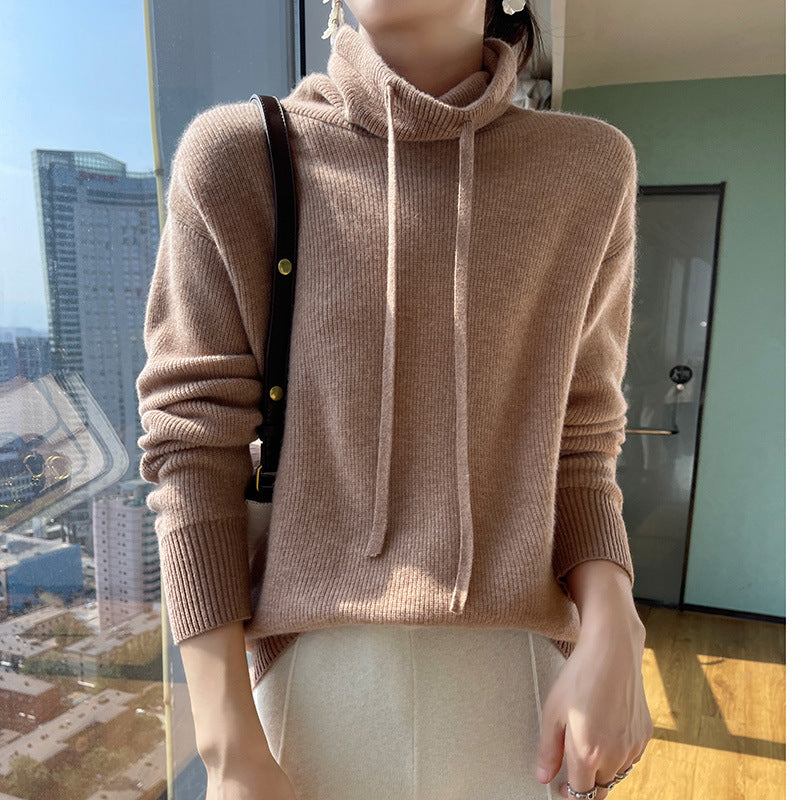 Autumn And Winter Cashmere Sweater Women's Turtleneck Drawstring Loose Thick Pullover Sweater