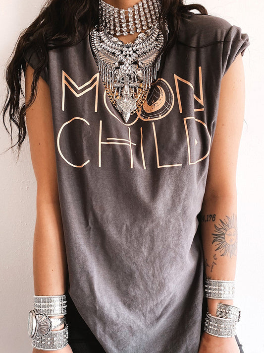 Side Dropped Shoulders Loose Moon Child Letter Print Short Sleeves