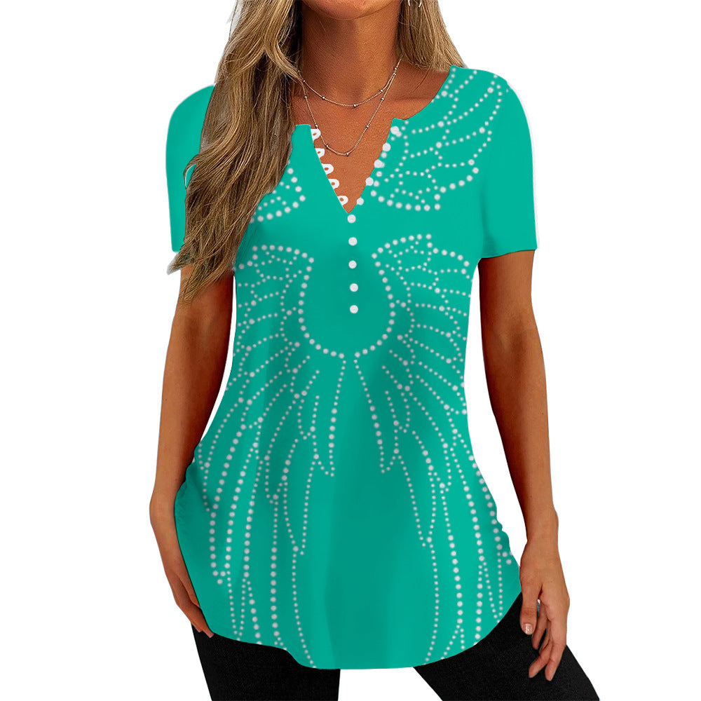 V-udskæring, Prikket, Vinger, T-shirt, Kortærmet, Skjorte, Printet, 3D Digital Top
