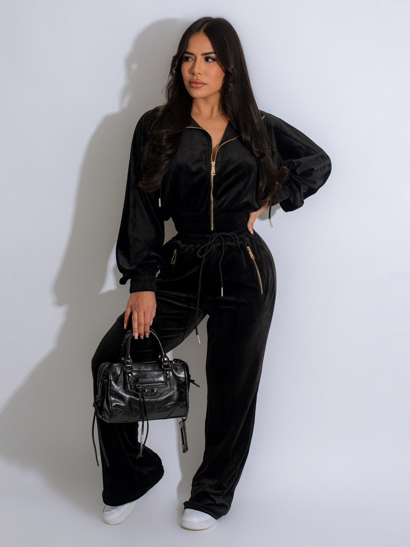 Womens Long-Sleeve Lapel Zip-Up Cardigan And Trousers Winter Two-Piece Set