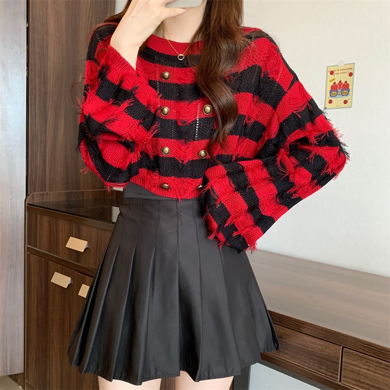 Striped French Tassel Design Sense Long Sleeve Short Top