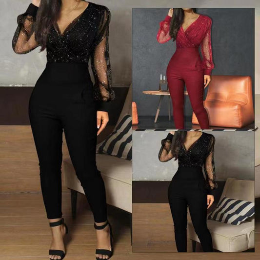 Women's Solid Color And V-neck Mesh Slim Fit Long-sleeved One-piece Trousers