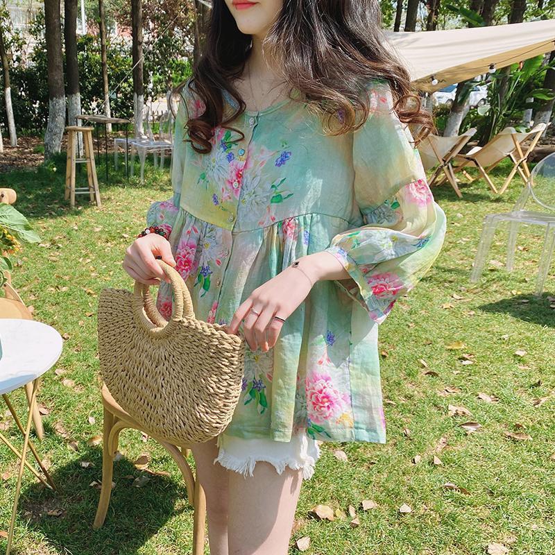 Doll-krave Top Sommer Nyhed Løstsiddende Vintage Bluse med Pufærmer
