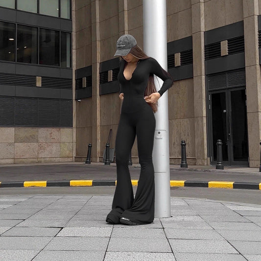 Long-sleeve Minimalist Solid-color Deep-V Jumpsuit