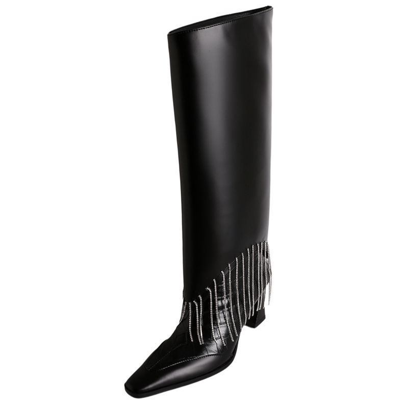 Slim Rhinestone Fringed Cowhide Trousers Boots