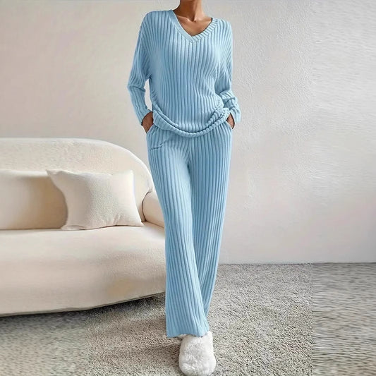 Straight-leg Pants With A Loose And Elegant V-neck Ribbed Two-piece Set