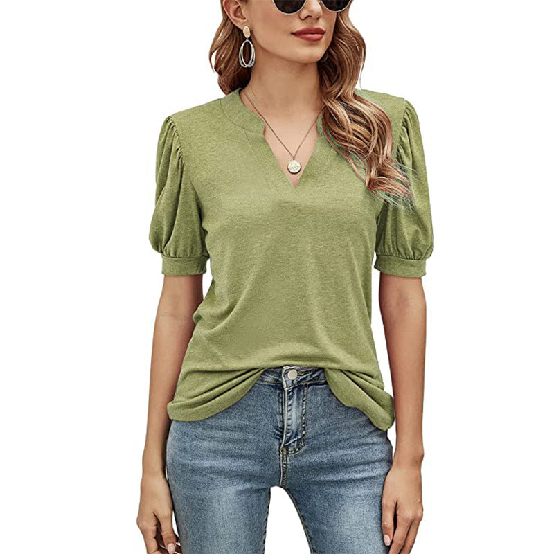 Women's New Casual V-neck Puff Sleeve Loose T-shirt Women