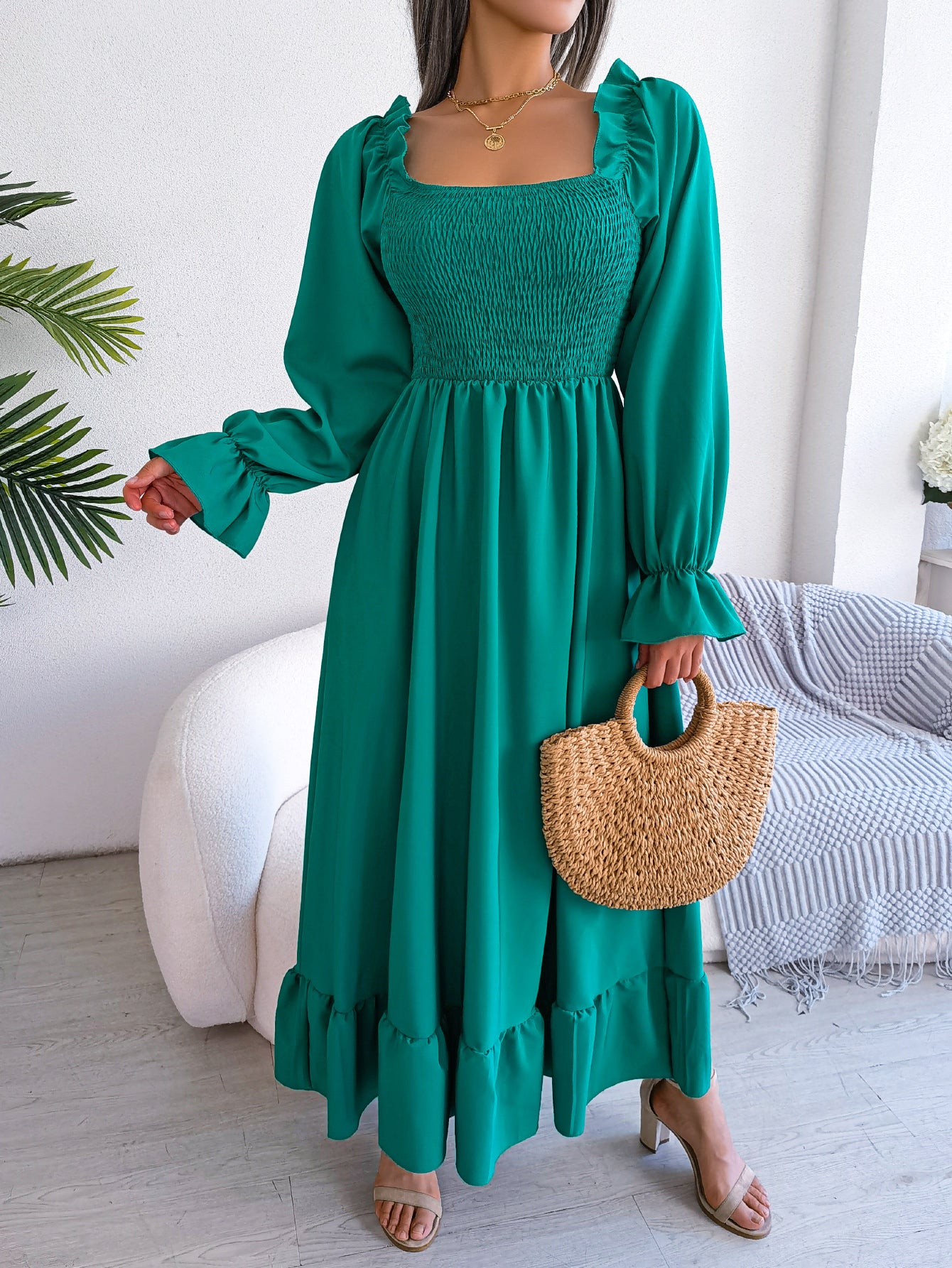 Women's Casual Square Neck Bell Sleeve Flowy Ruffle Maxi Dress
