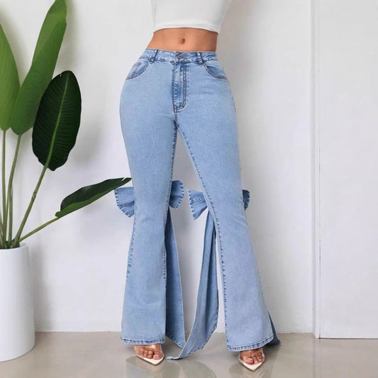 Womens High Waisted Stretchy Denim Flared Jeans With A Bow Detail