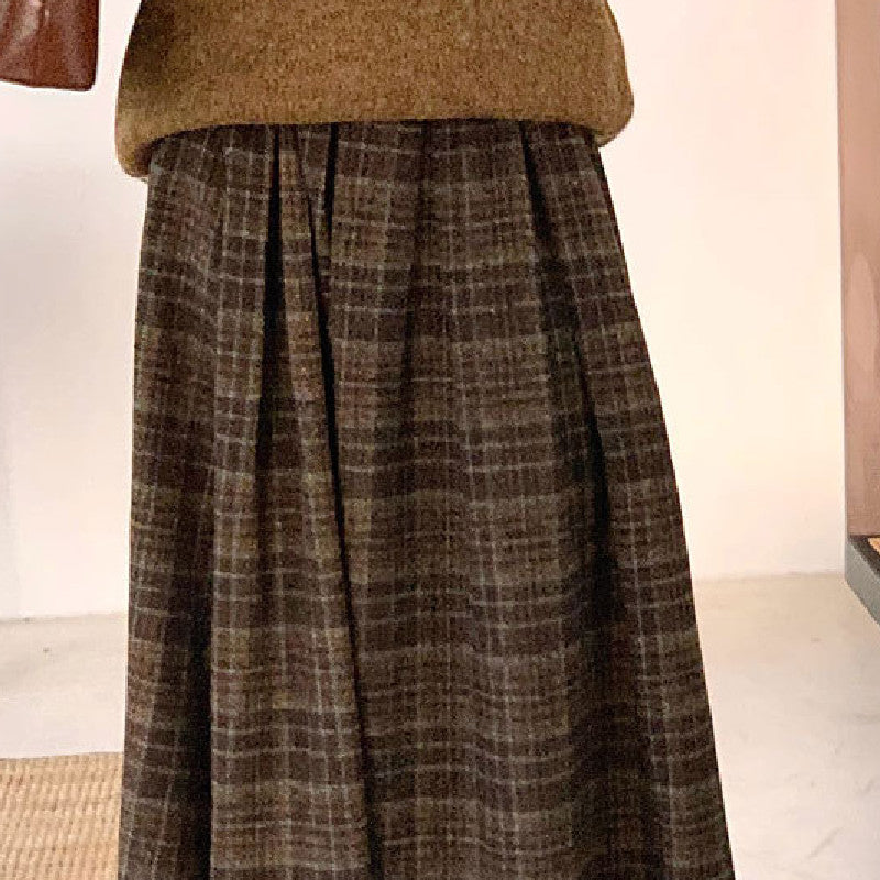 Woolen Preppy Style Retro Plaid Pleated Skirt