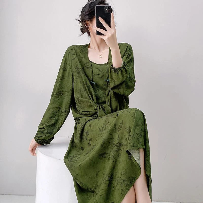 Womens Loose Casual Printed Camisole Dress And Outerwear Set